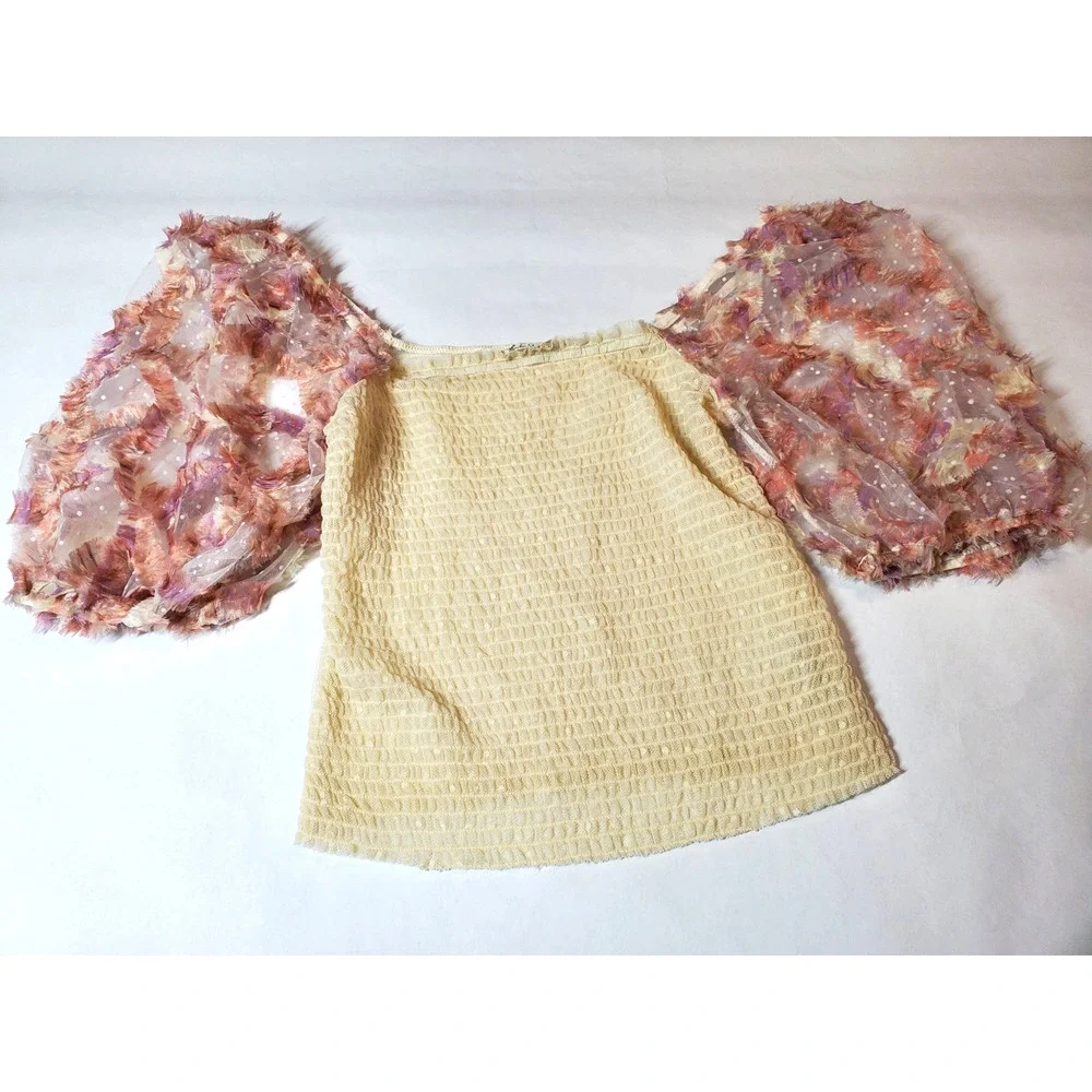 Free People Womens Top Medium Silverlake‎ Picnic Smocked Puff Sleeve